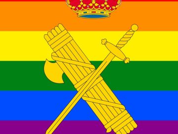 El escudo de la Guardia Civil sobre la bandera del arcoíris