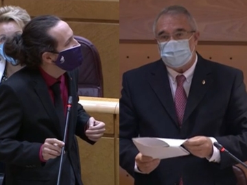 Pablo Iglesias responde al senador de Vox José Manuel Marín Gascón en el Senado.