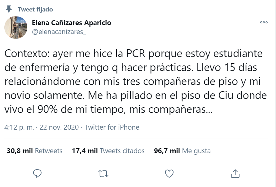 El tuit de la estudiante de enfermería Elena Cañizares